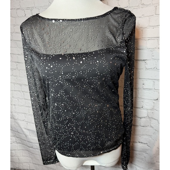 rave Tops - Rave City Y2K Whimsy Grunge Goth Party Sheer Black Long Sleeve Mesh Top L